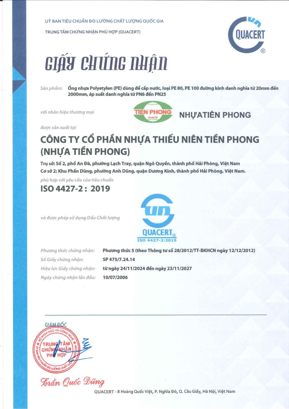 GCN Phụ tùng Ống nhựa Polyetylen cấp nước, PE100 ISO 4427-3:2019